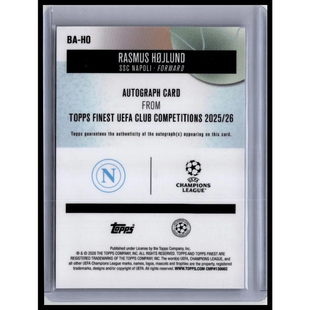 2025-26 Finest UEFA Rasmus Højlund #BA-HO Napoli Base Auto Blue Wave #/150